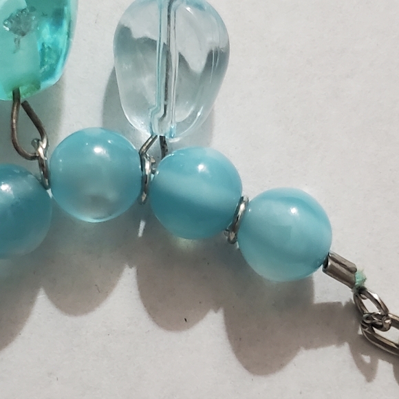 Vintage lucite aqua chunky beads cats eye silver necklace stainless steel 90's - Picture 9 of 13